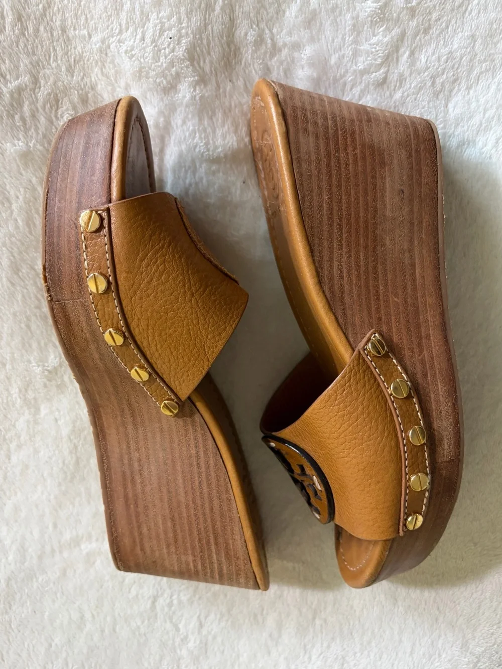 Tory Burch Cognac Leather Logo Wedge Slides Sz 7.5